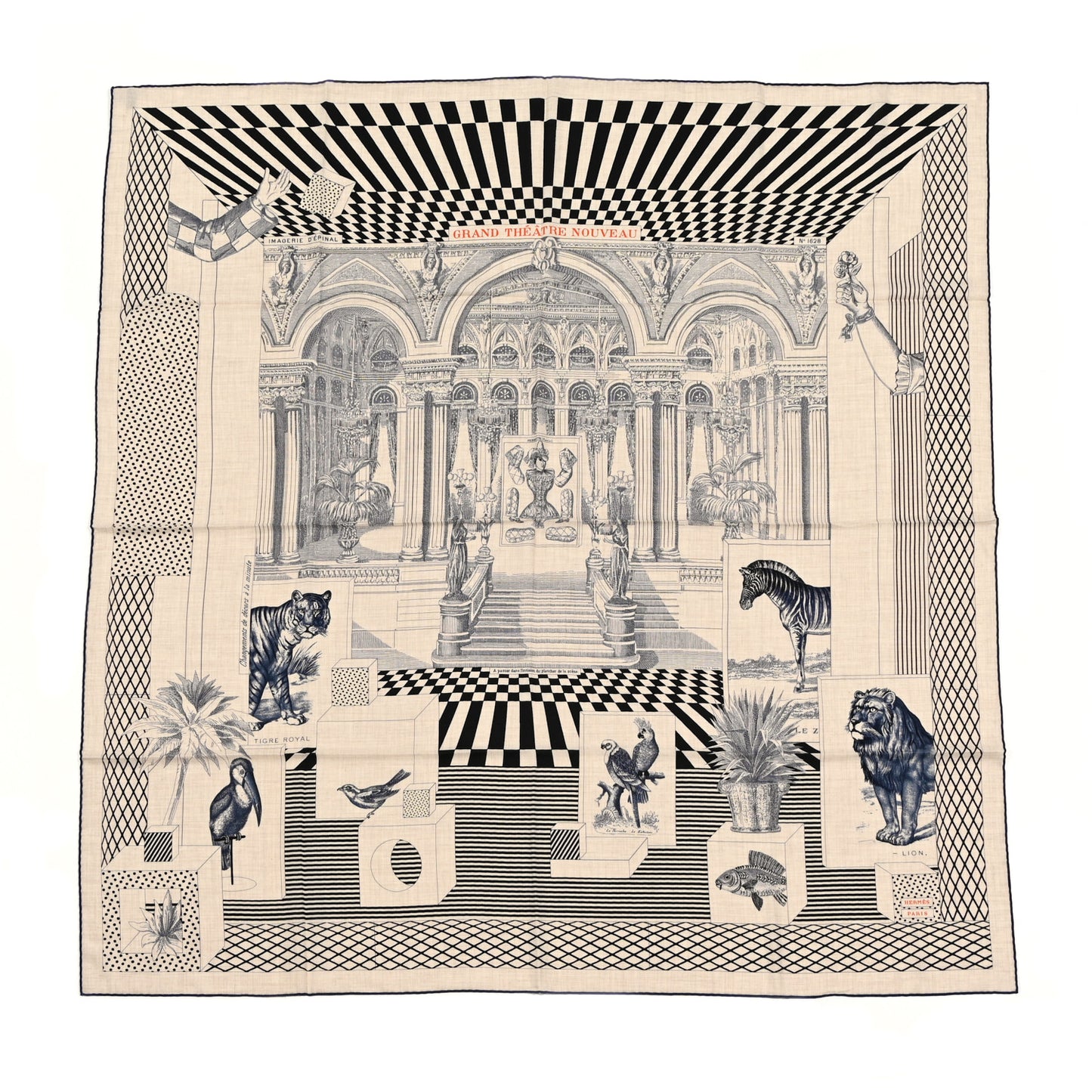 Cashmere Silk Grand Theatre Nouveau Shawl 140 Naturel Marine Black
