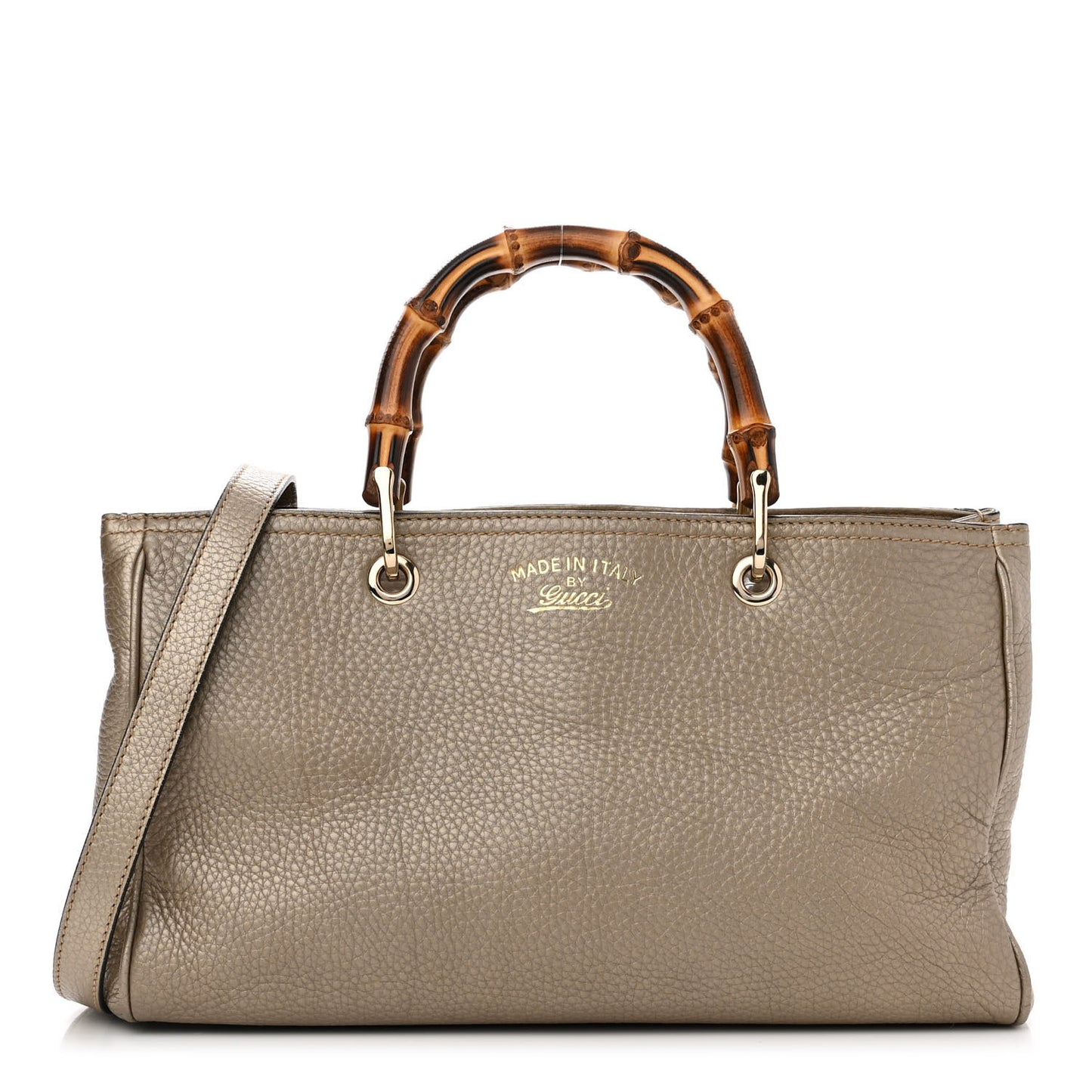 Metallic Pebbled Calfskin Medium Bamboo Shopper Tote Golden Beige