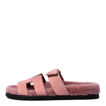 Hermes Suede Goatskin Woolskin Womens Chypre Sandals 38 Rose Aube 1 of 6