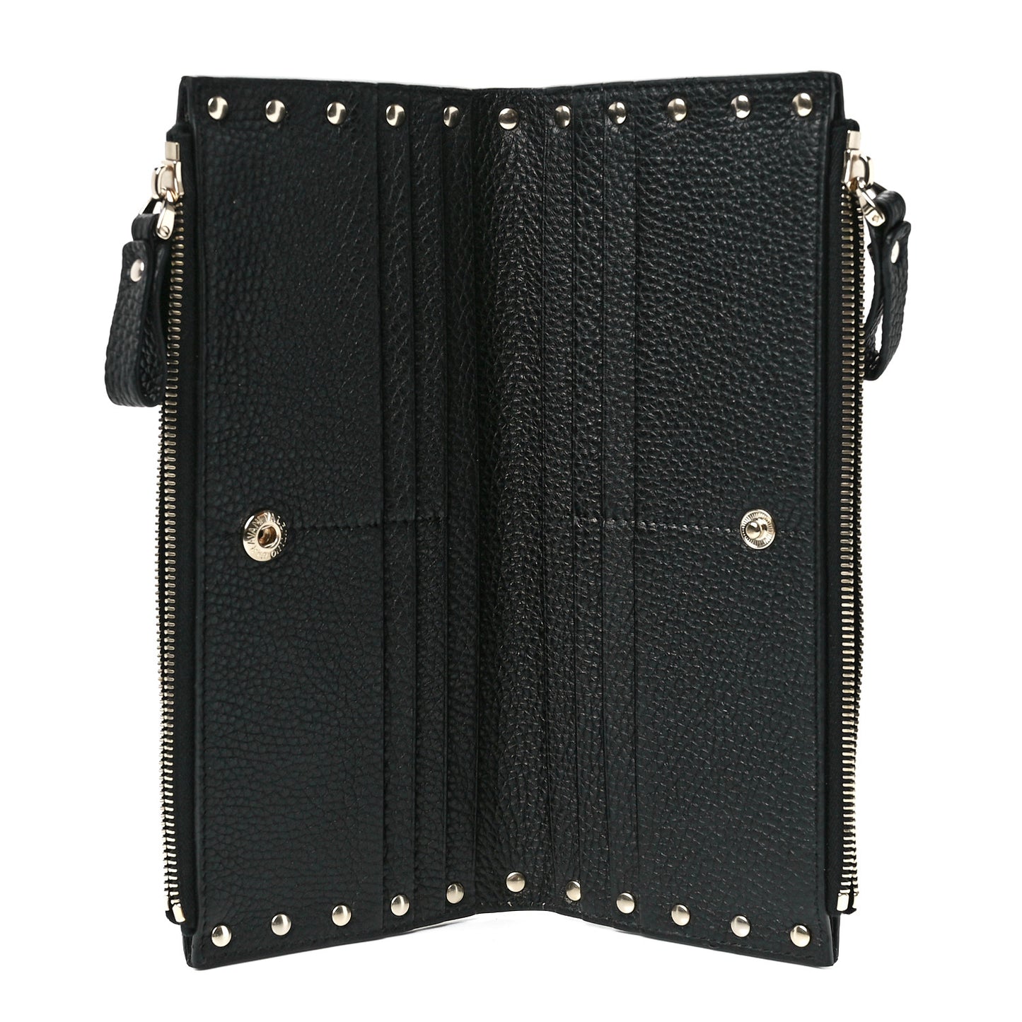Pebbled Calfskin Rockstud Fold Zip Wallet Black