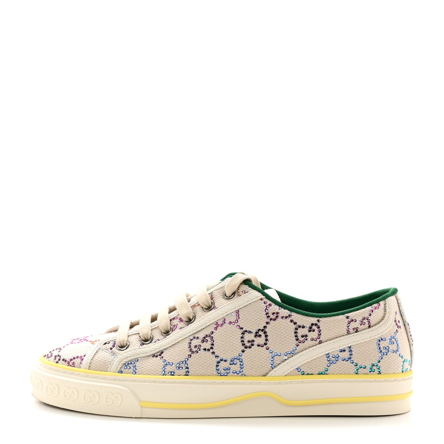 Canvas Lame Crystal GG Monogram Womens 1977 Tennis Sneakers 39.5 Gardenia Silver Mystic White