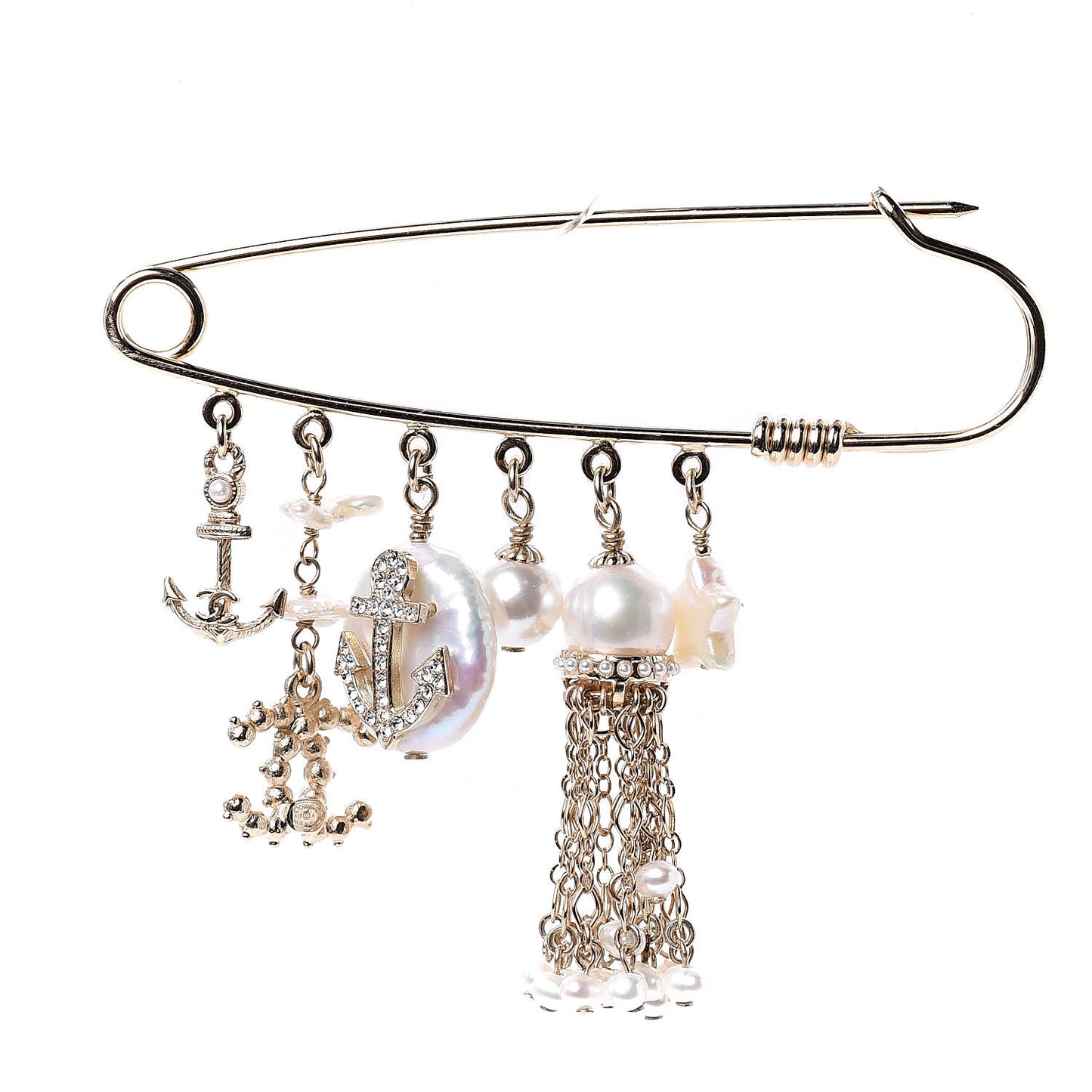Pearl Crystal CC Charms Safety Pin Brooch Gold
