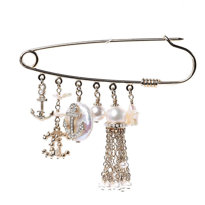 Chanel Pearl Crystal CC Charms Safety Pin Brooch Gold 1 of 4