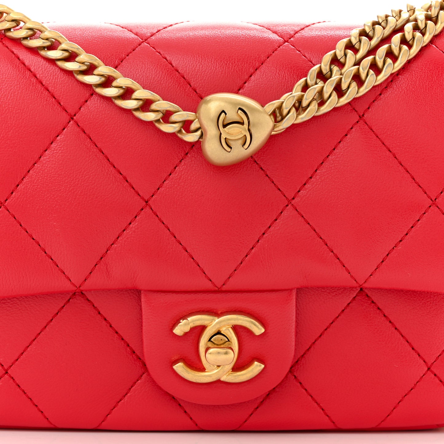 Shiny Lambskin Quilted Mini Sweetheart Flap Dark Red