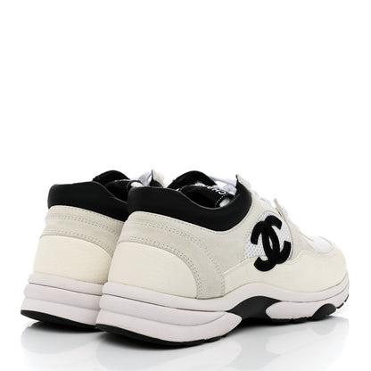 Chanel Mesh Suede Calfskin Grained Calfskin Womens CC Sneakers 38.5 White Black 4 of 9
