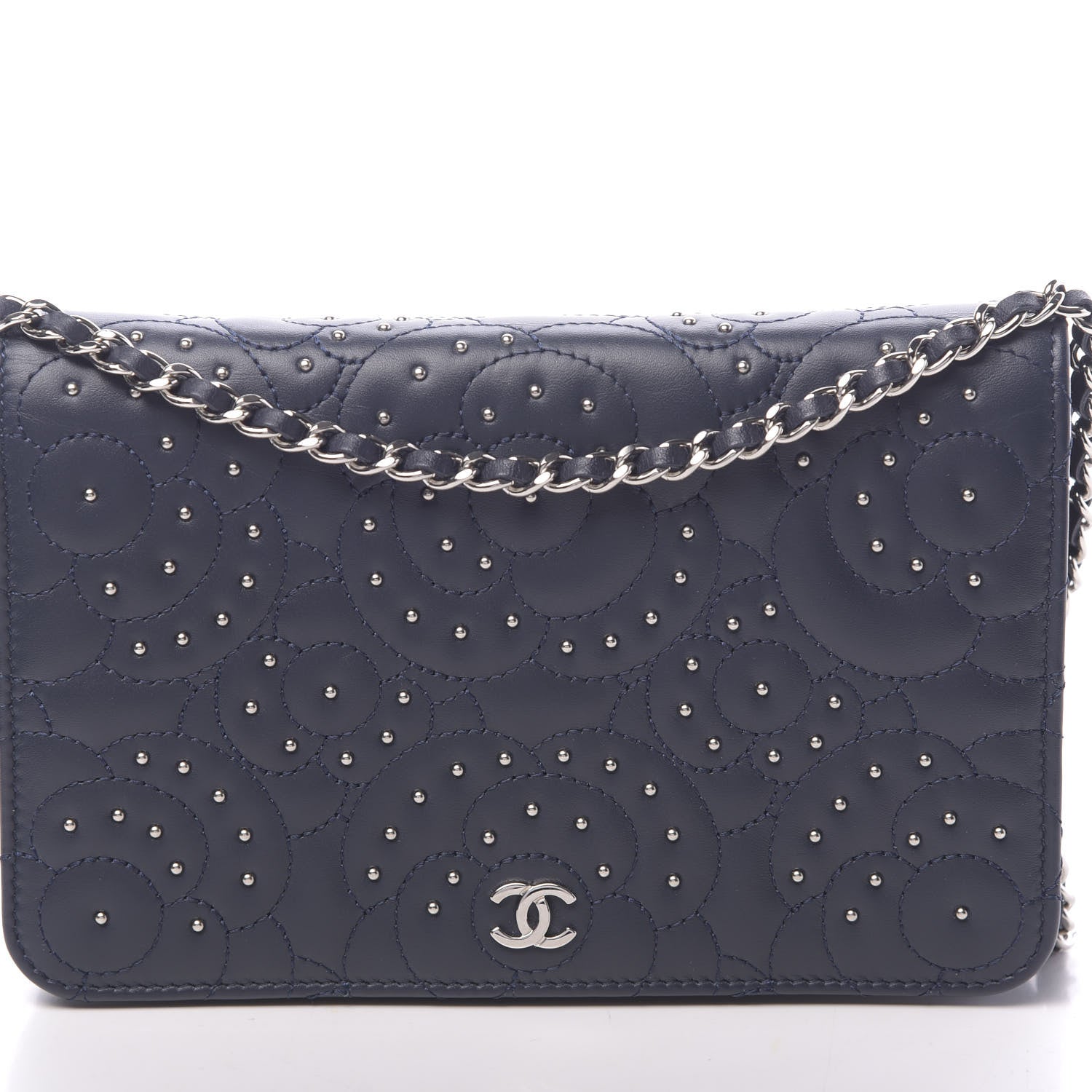 Chanel Lambskin Camellia Studded Wallet on Chain WOC Navy 12 of 12