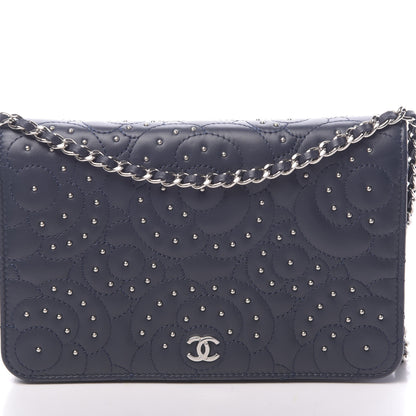 Chanel Lambskin Camellia Studded Wallet on Chain WOC Navy 12 of 12