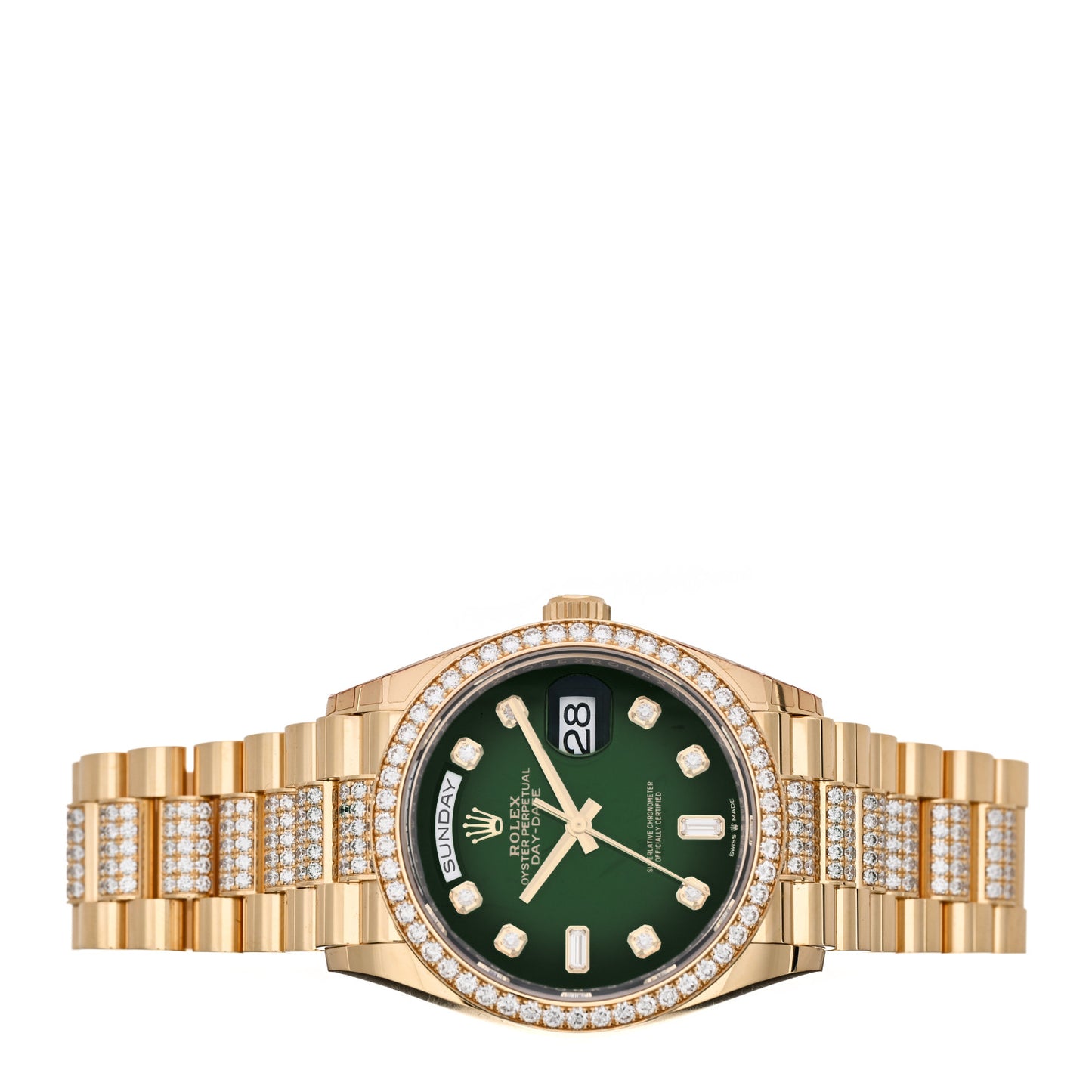 18K Yellow Gold Diamond Pave 36mm Oyster Perpetual Day-Date President Watch Green 128348RBR