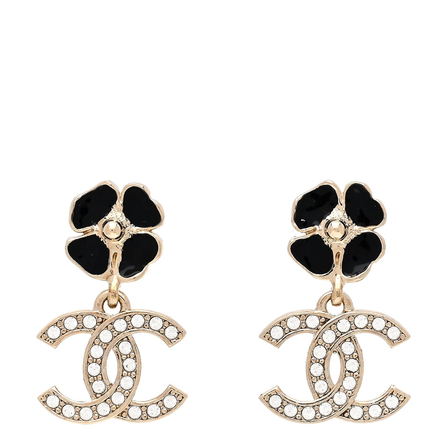 Crystal Resin Camellia CC Drop Earrings Gold Black