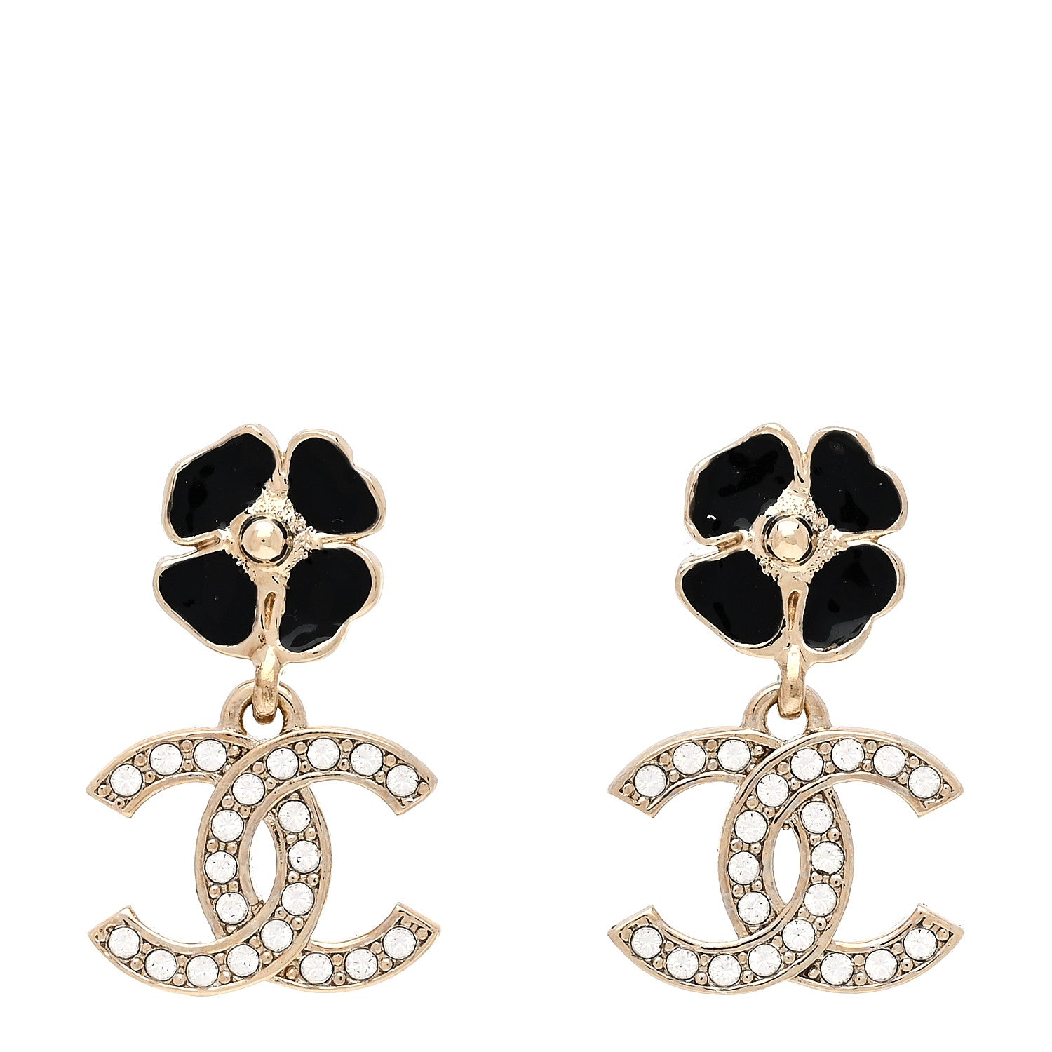 Chanel Crystal Resin Camellia CC Drop Earrings Gold Black 1 of 5