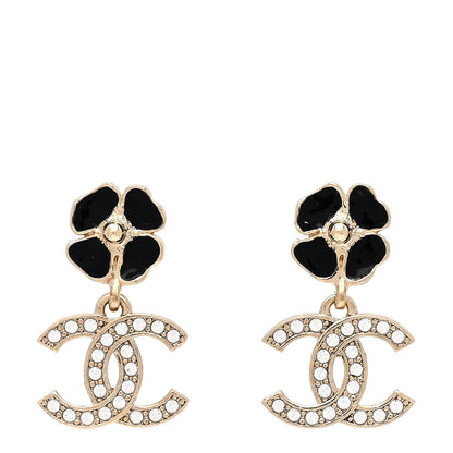 Chanel Crystal Resin Camellia CC Drop Earrings Gold Black 1 of 5