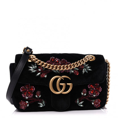 Gucci Velvet Matelasse Embroidered Mini GG Marmont Shoulder Bag Black 1 of 9