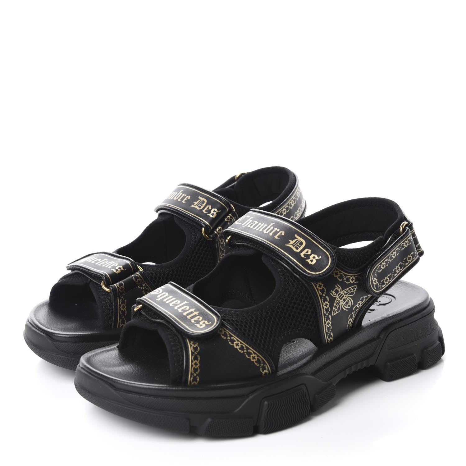 Gucci Nappa Mesh Chambre des Squelettes Mens Aguru Sandals 9 Black Gold 3 of 9