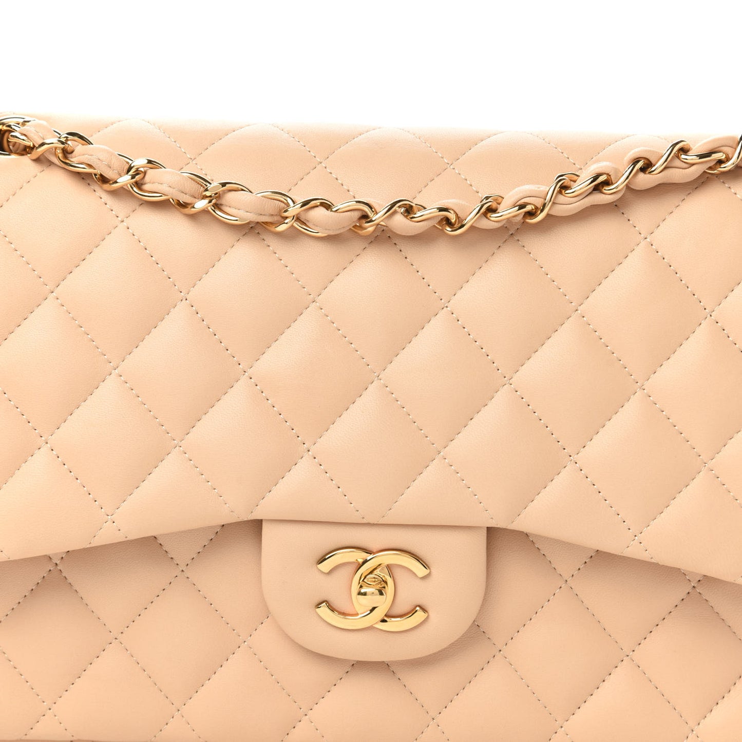 Lambskin Quilted Jumbo Double Flap Beige