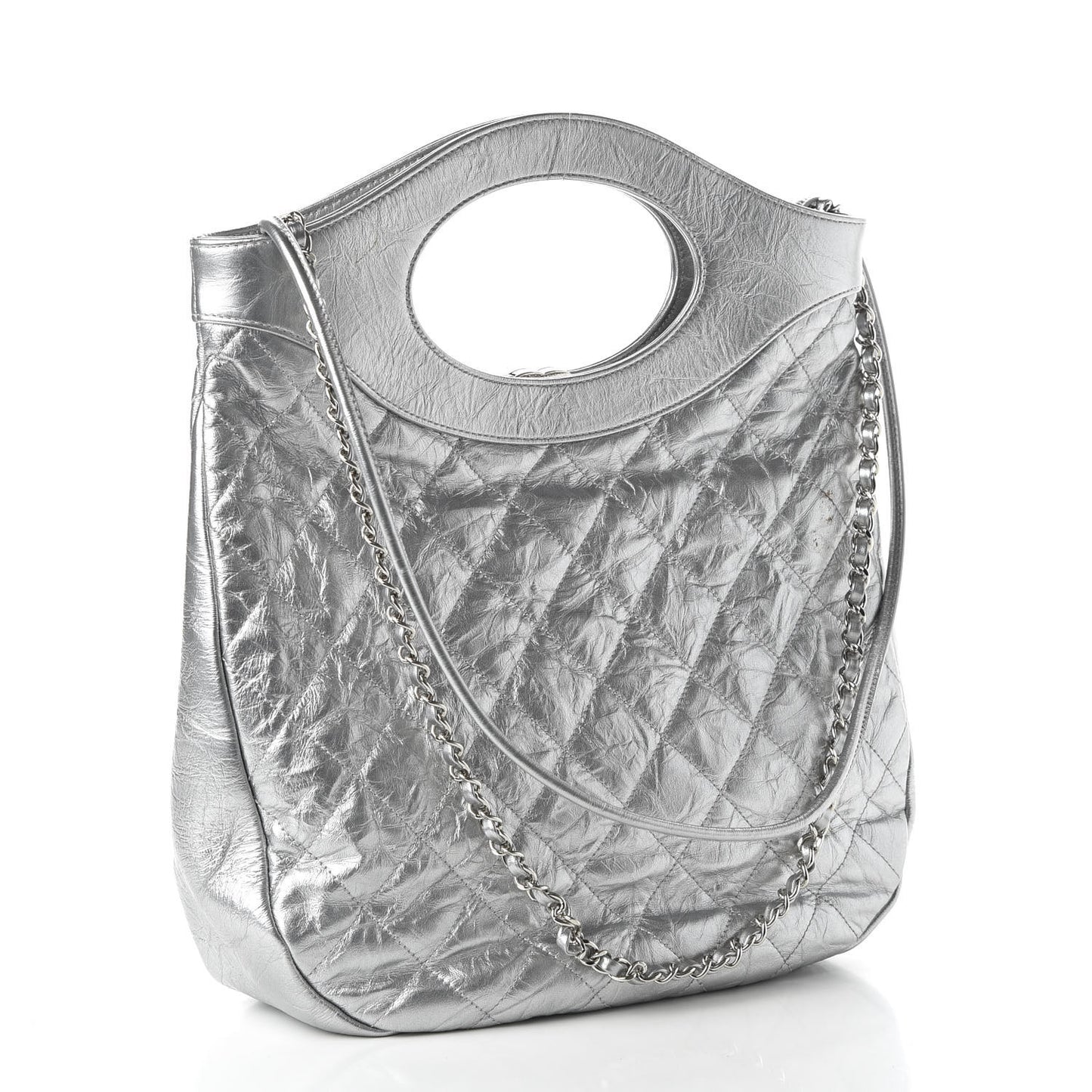 Metallic Crumpled Calfskin Small 31 Shopping Bag Silver