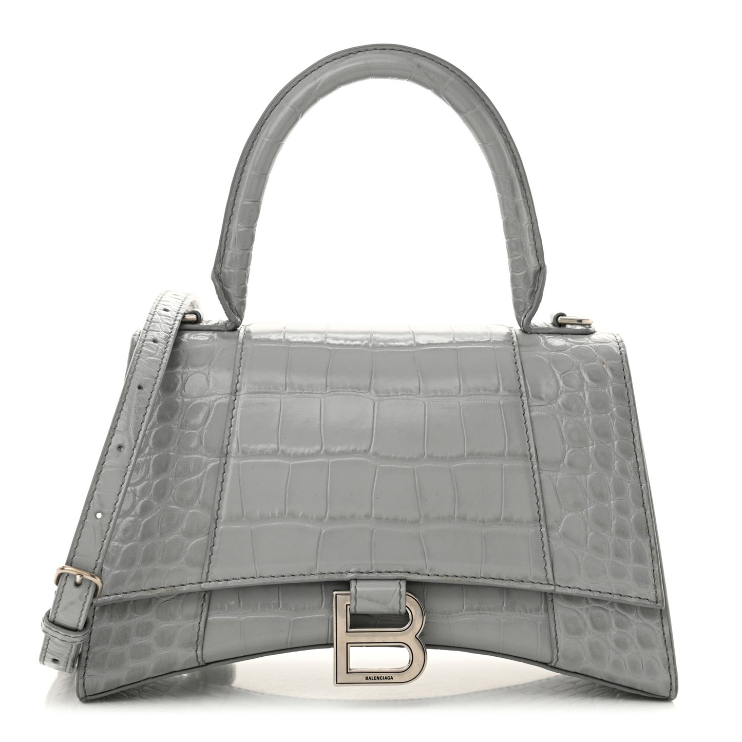 Shiny Calfskin Crocodile Embossed Small Hourglass Top Handle Bag Steel Grey