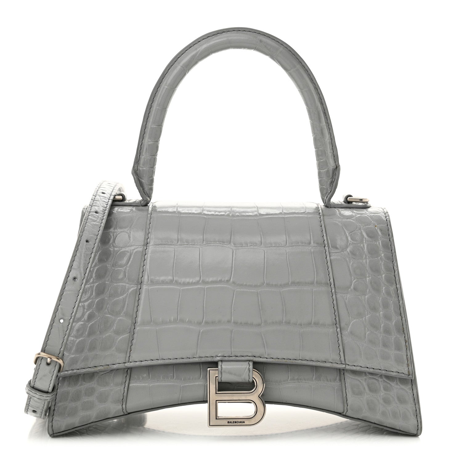 Balenciaga Shiny Calfskin Crocodile Embossed Small Hourglass Top Handle Bag Steel Grey 1 of 16