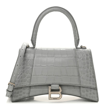 Balenciaga Shiny Calfskin Crocodile Embossed Small Hourglass Top Handle Bag Steel Grey 1 of 16