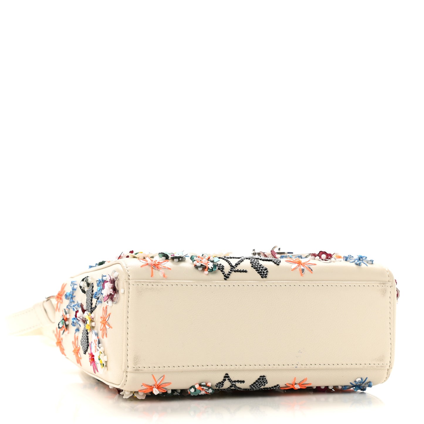 Calfskin Sequin Floral Embroidered Mini Lady Dior White Multicolor
