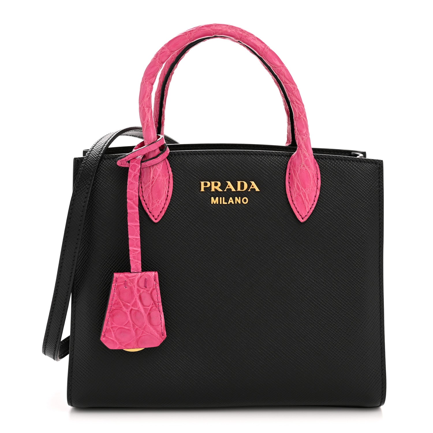 Prada Saffiano Cuir Crocodile Mini Double Bag Black Magenta