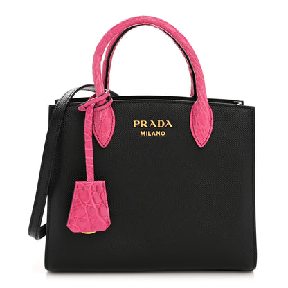 Prada Saffiano Cuir Crocodile Mini Double Bag Black Magenta 1 of 13