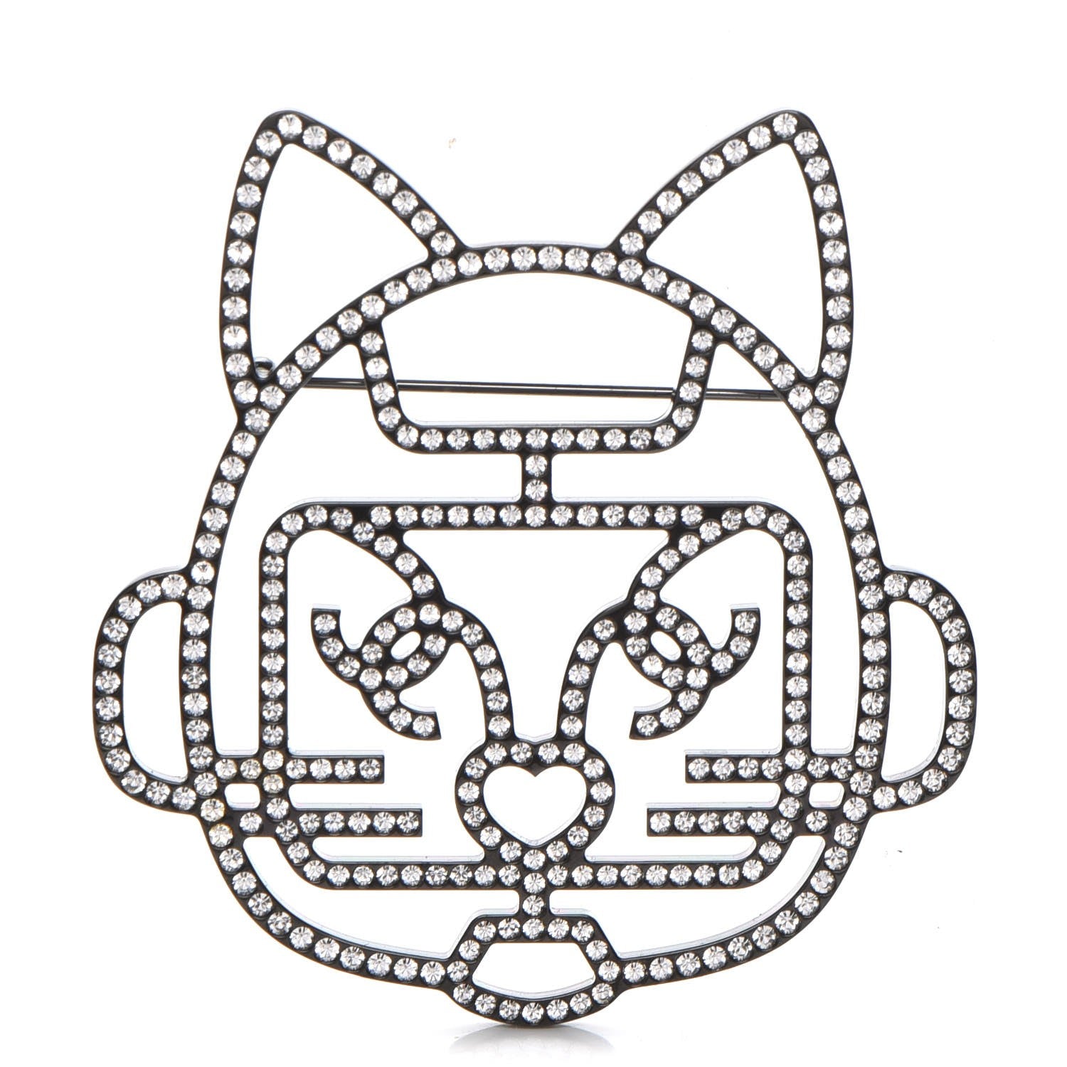 Chanel Strass Crystal Emoji Robot Cat Brooch Black Silver 1 of 5