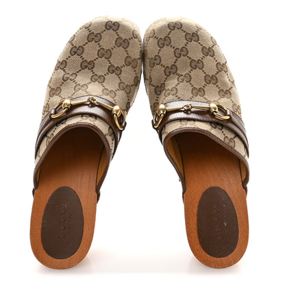 Gucci Monogram Goatskin Horsebit Clog Mules 39 Beige Ebony Brown Sugar 2 of 9