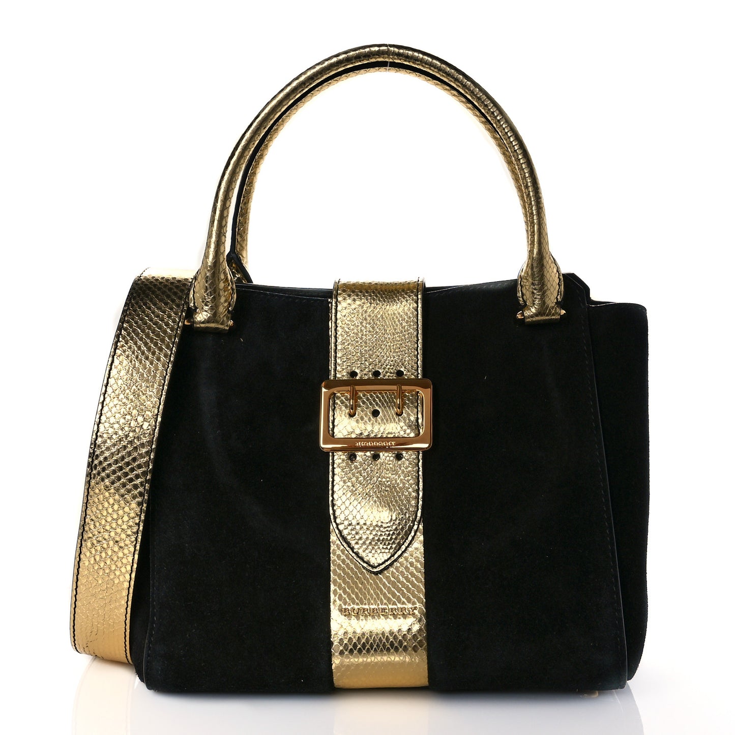 Suede Calfskin Watersnake Medium Buckle Tote Black Gold
