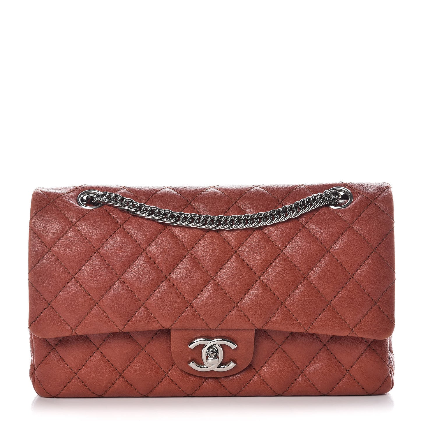 Glazed Lambskin Quilted Medium Double Flap Bijoux Chain Dark Orange