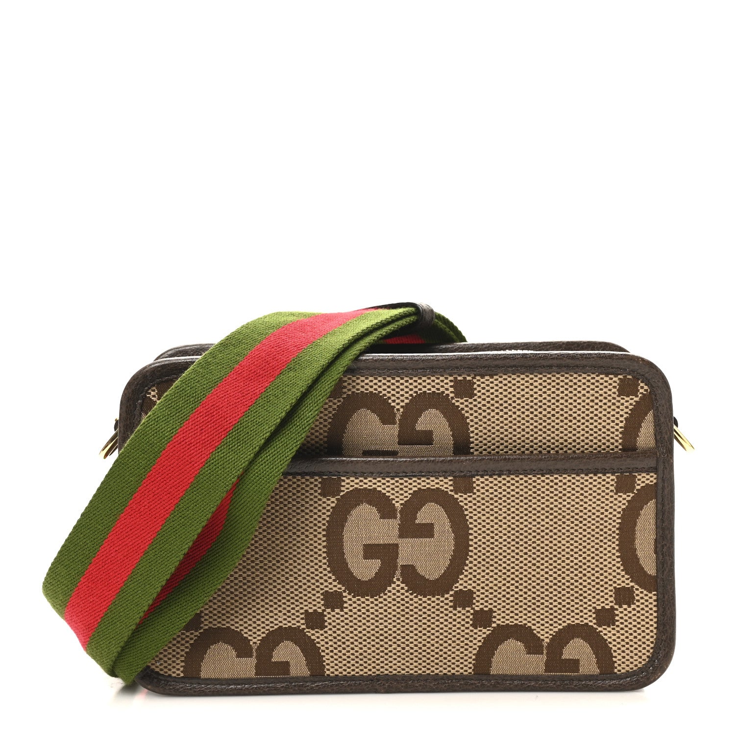 Gucci Monogram Jumbo GG Textured Dollar Calfskin Web Mini Crossbody Bag Camel Ebony New Acero 8 of 10