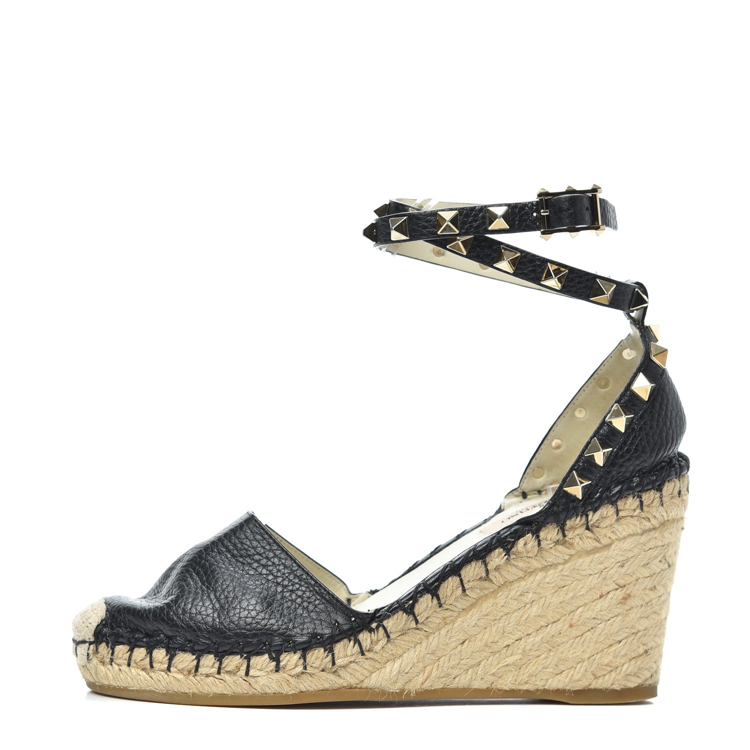 Valentino Garavani Grained Calfskin Rockstud Ankle Wrap Espadrille 15/85mm Wedges 35 Black Light Ivory 1 of 6