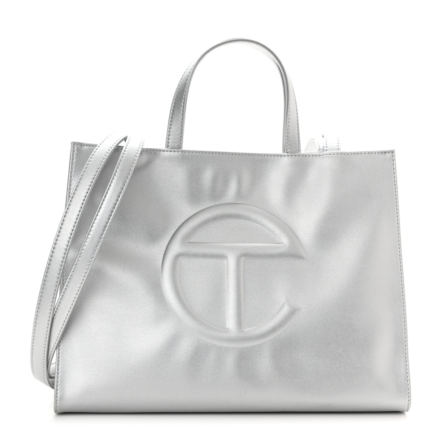 Metallic Vegan Leather Medium Shopping Bag Silver