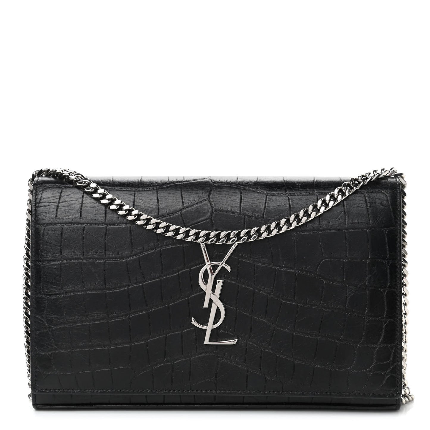 Crocodile Embossed Calfskin Monogram Chain Wallet Black