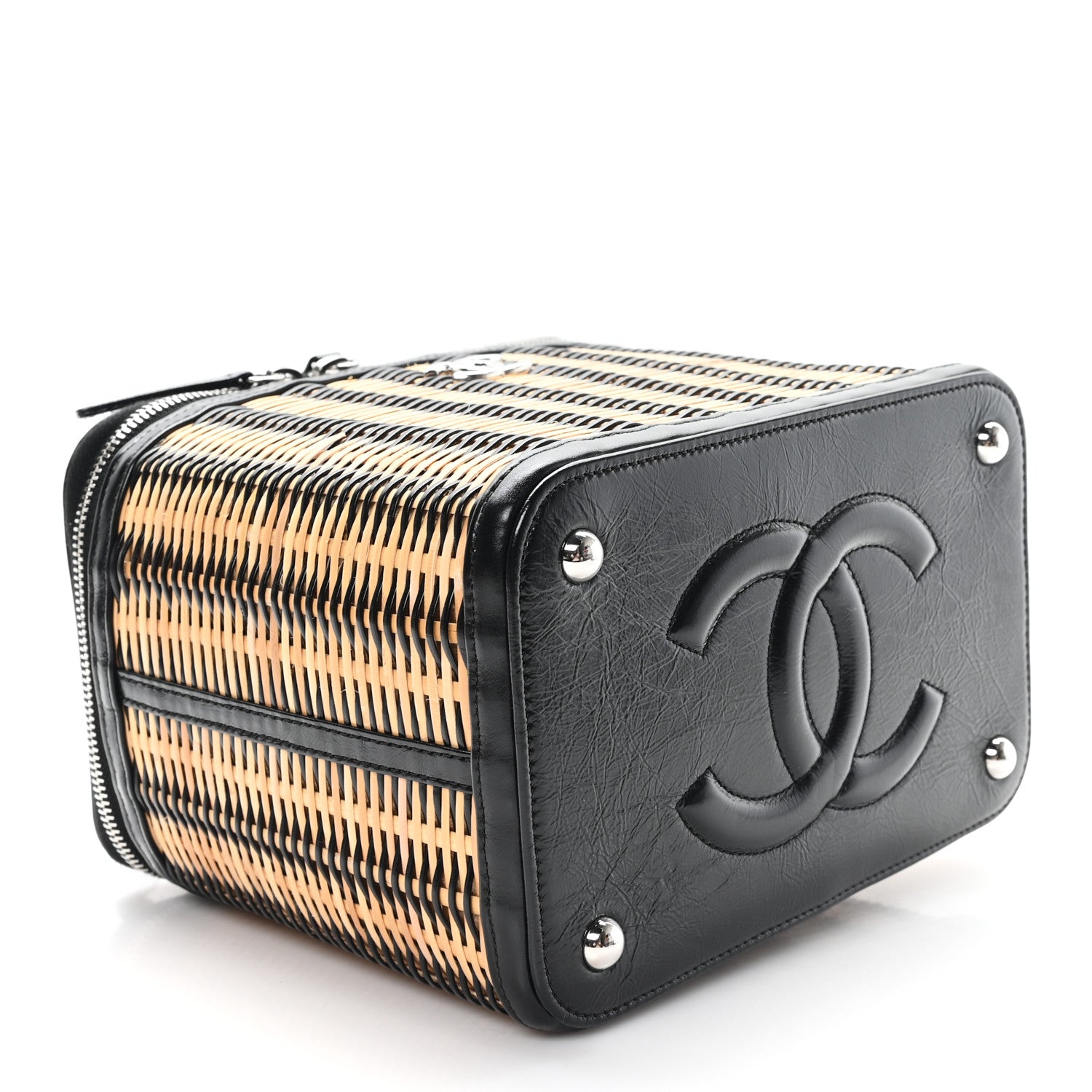Chanel Glazed Calfskin Raffia Vanity Case Bag Black Beige 4 of 10