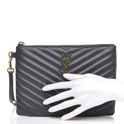 Saint Laurent Calfskin Matelasse Chevron Monogram A5 Wristlet Dark Smog 2 of 10