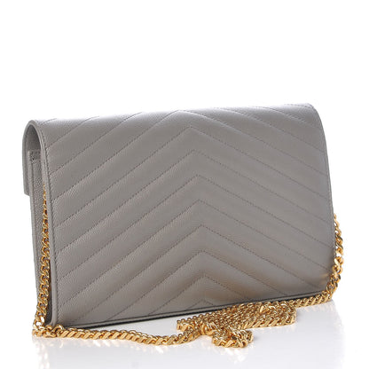 Saint Laurent Grain De Poudre Matelasse Chevron Monogram Chain Wallet Fog 3 of 9