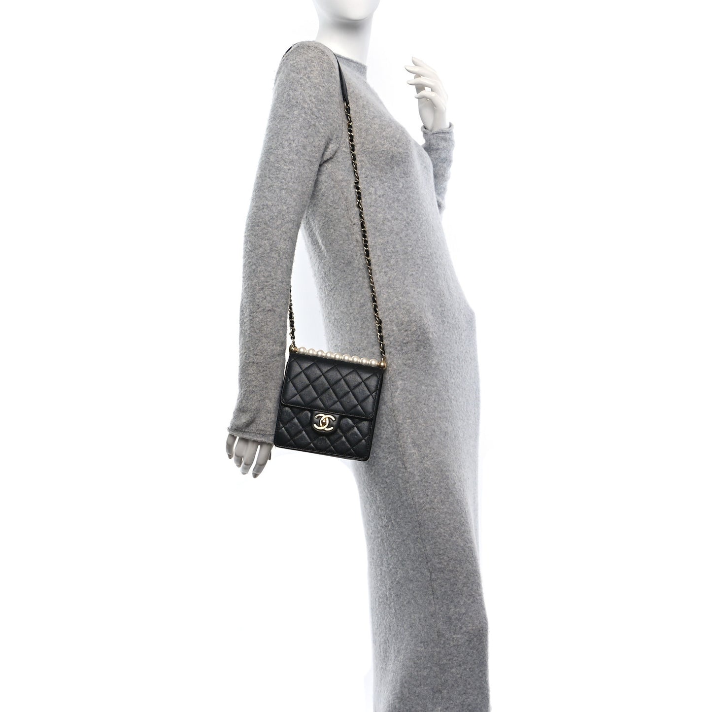 Goatskin Quilted Chic Pearls Flap Black