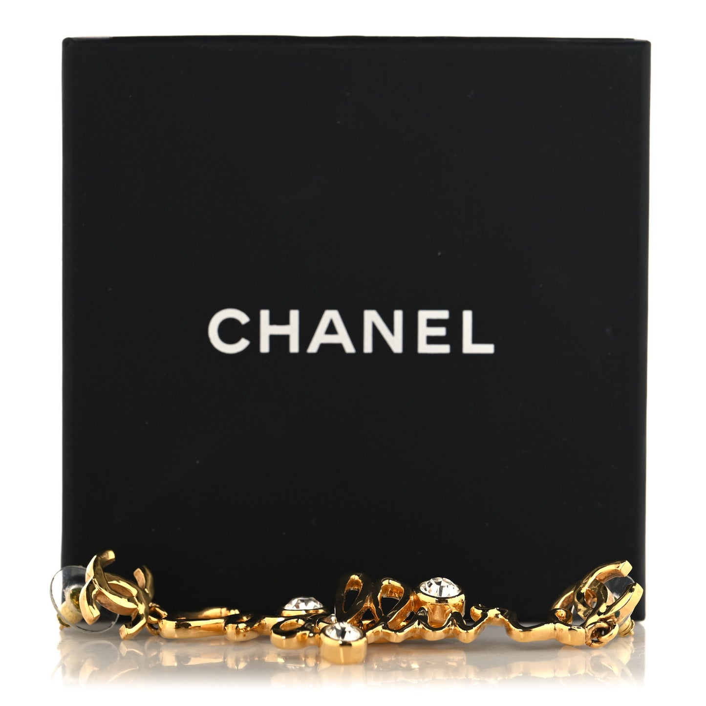 Metal Crystal Coco Script CC Drop Earrings Gold