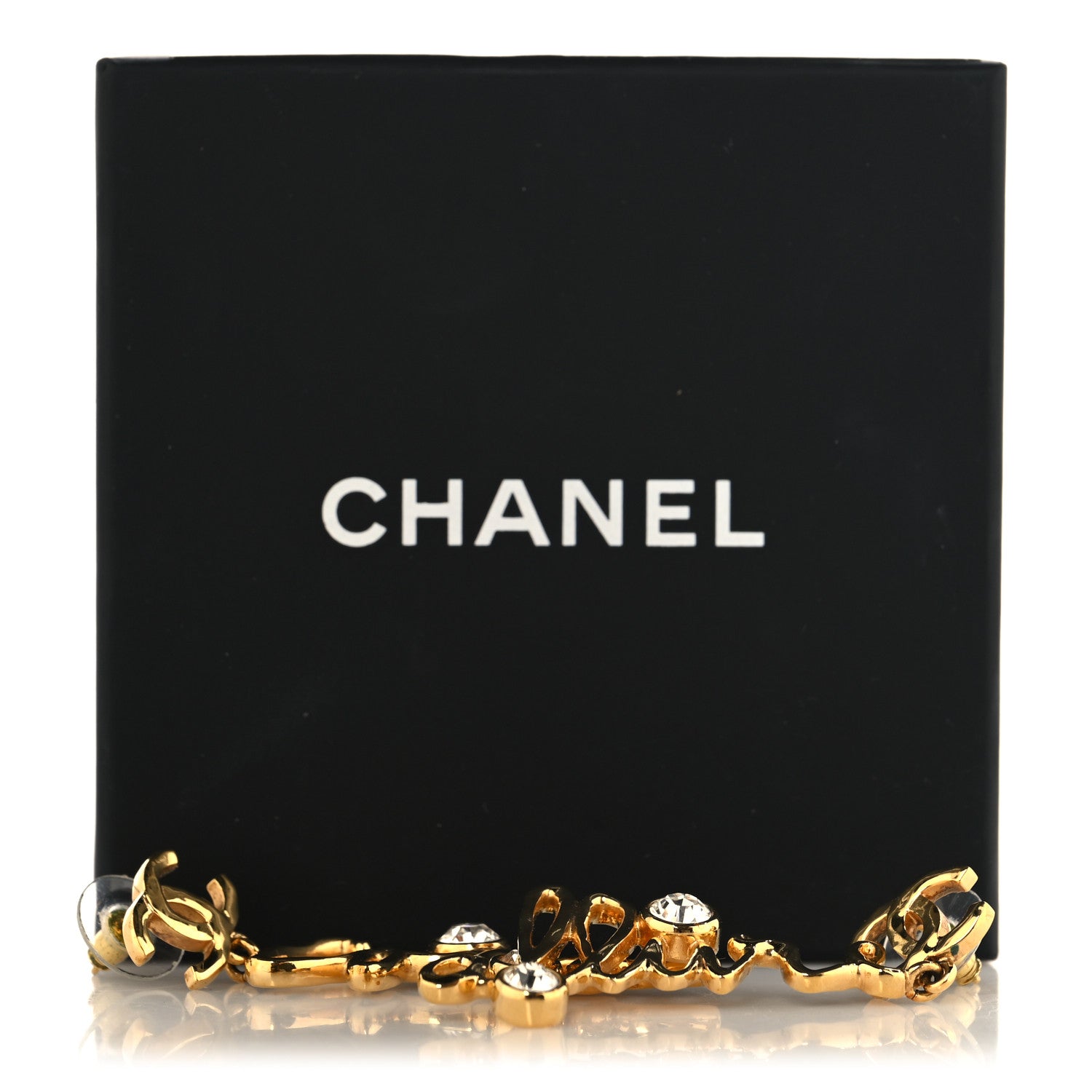 Chanel Metal Crystal Coco Script CC Drop Earrings Gold 5 of 5
