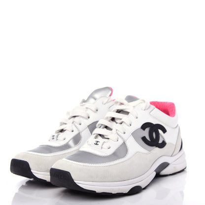 Chanel Calfskin Fabric Sneakers 38 White Silver Fluo Pink 3 of 10
