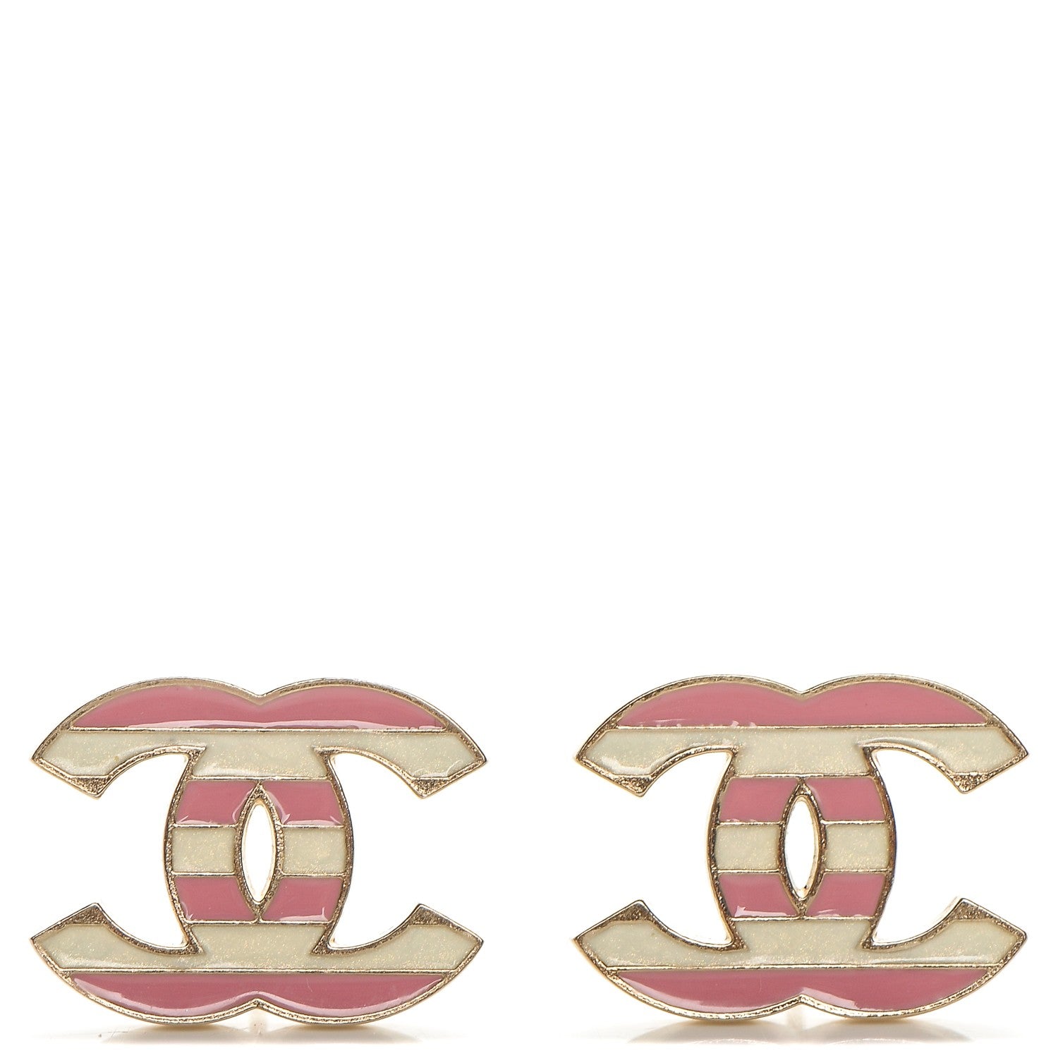 Chanel Enamel Striped CC Earrings Pink White Gold 1 of 4