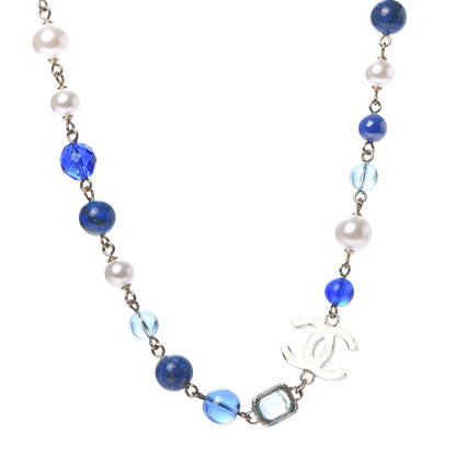 Chanel Ruthenium Pearl Beaded CC Short Necklace Silver Blue 1 of 6