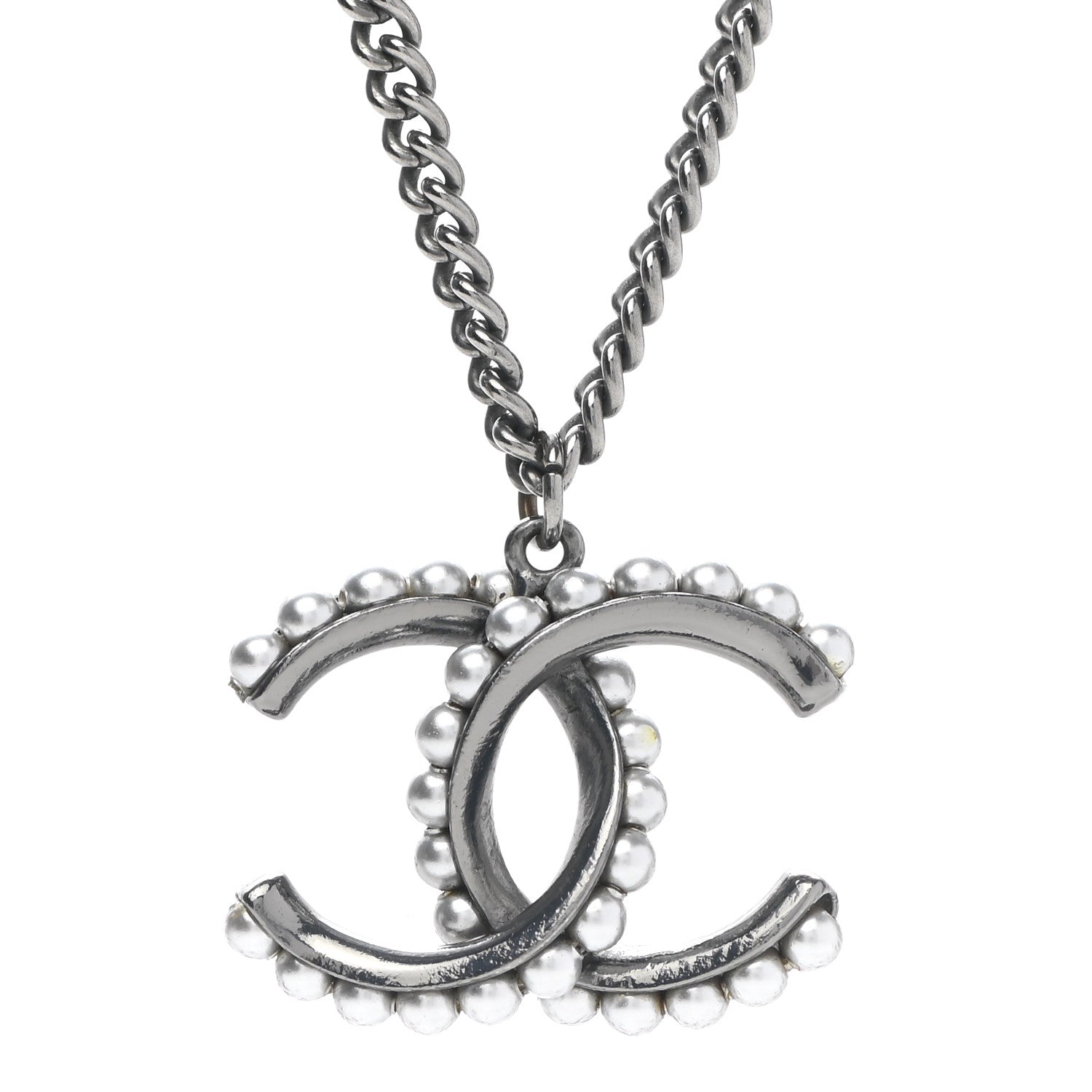 Chanel Pearl CC Pendant Necklace Silver 4 of 6