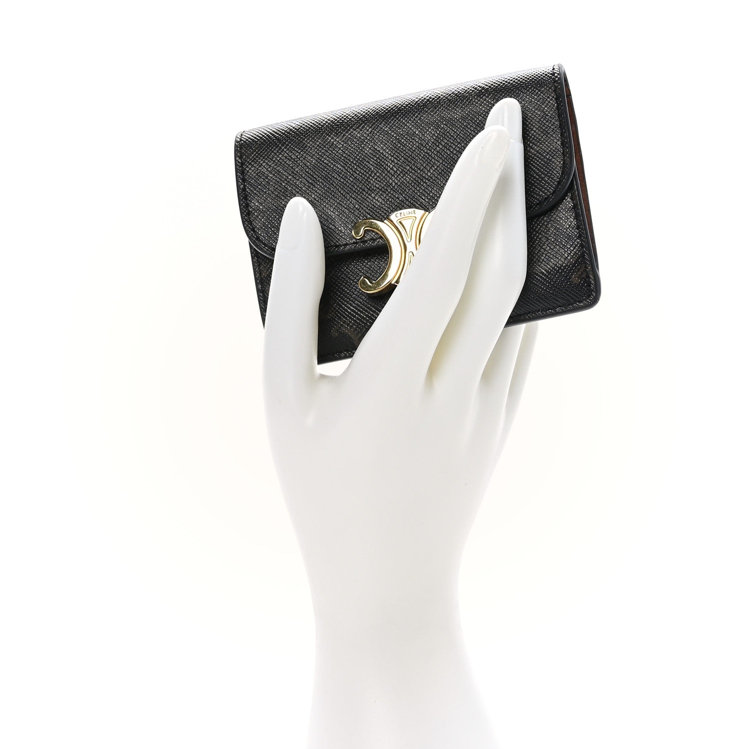 Celine Triomphe Canvas Calfskin Flap Card Holder Tan 2 of 9