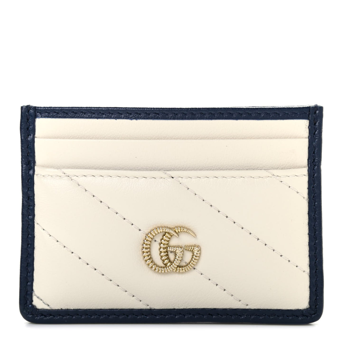 Vintage Effect Calfskin Matelasse Diagonal Torchon GG Marmont Card Holder White Blue Agata