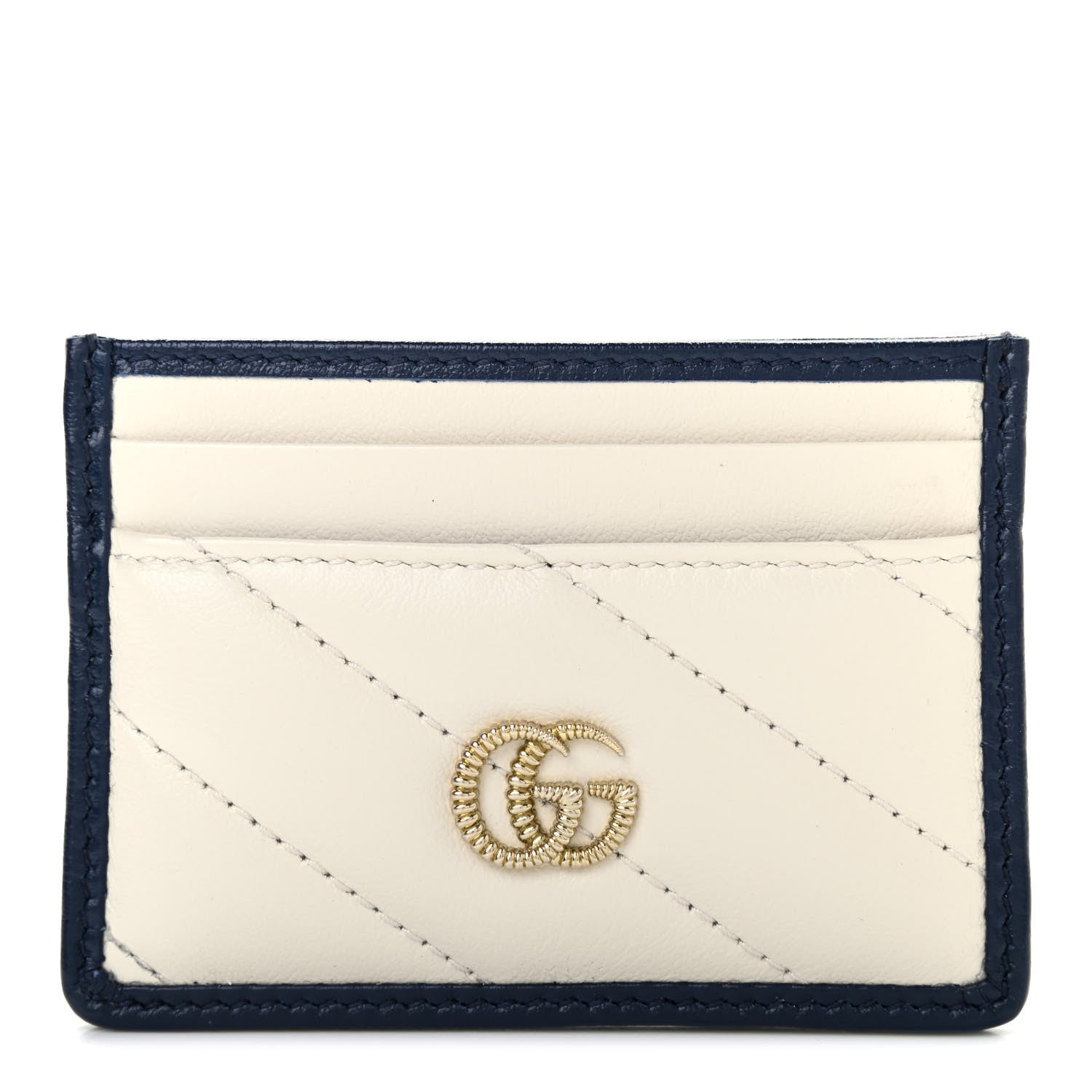 Gucci Vintage Effect Calfskin Matelasse Diagonal Torchon GG Marmont Card Holder White Blue Agata 1 of 6