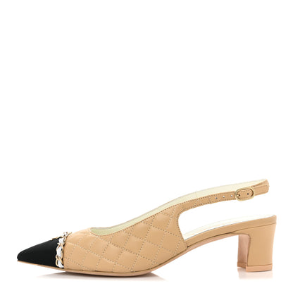 Chanel Lambskin Grosgrain Quilted Cap Toe CC Chain Slingback Pumps 38.5 Beige Black 1 of 9