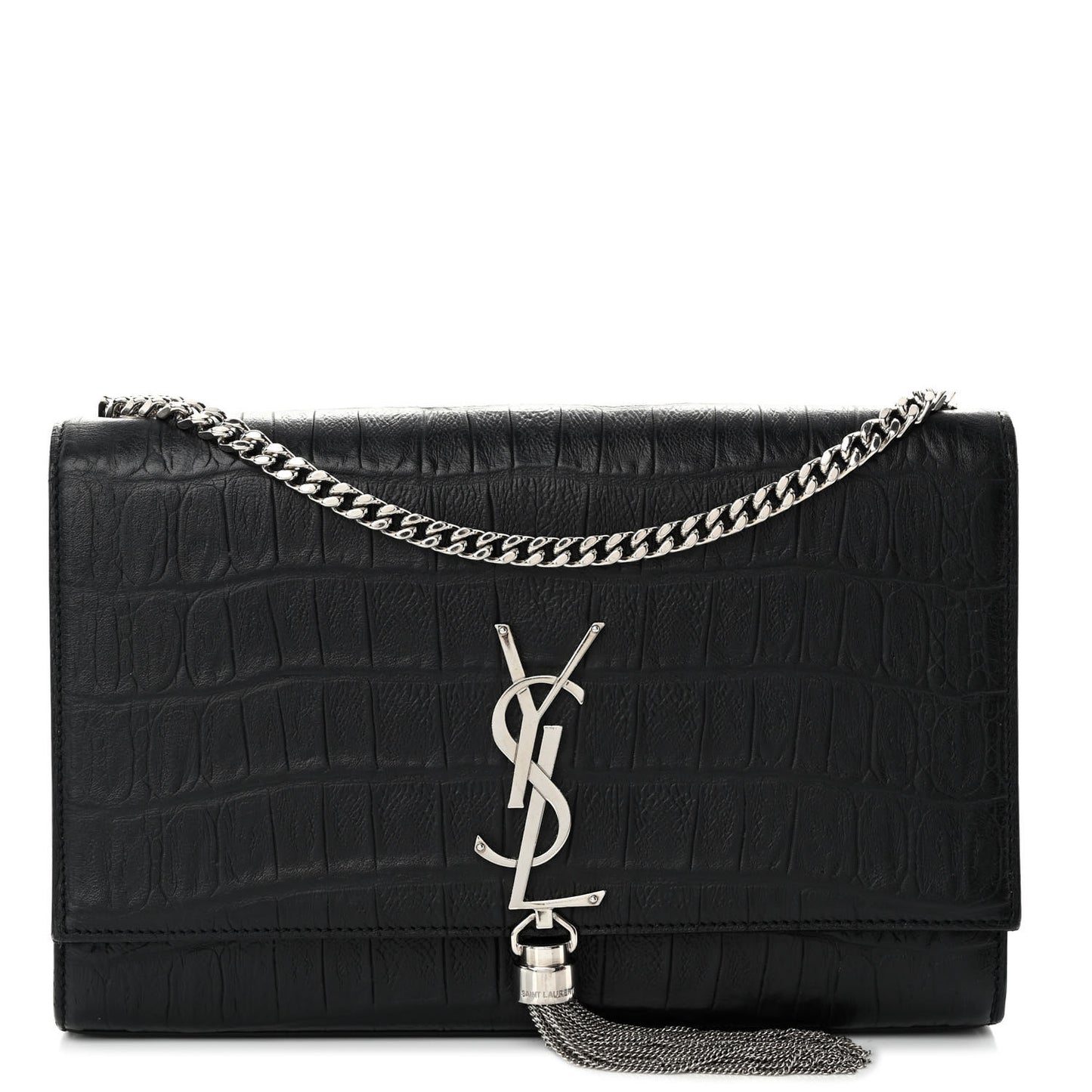 Calfskin Crocodile Embossed Medium Classic Monogram Kate Tassel Satchel Black