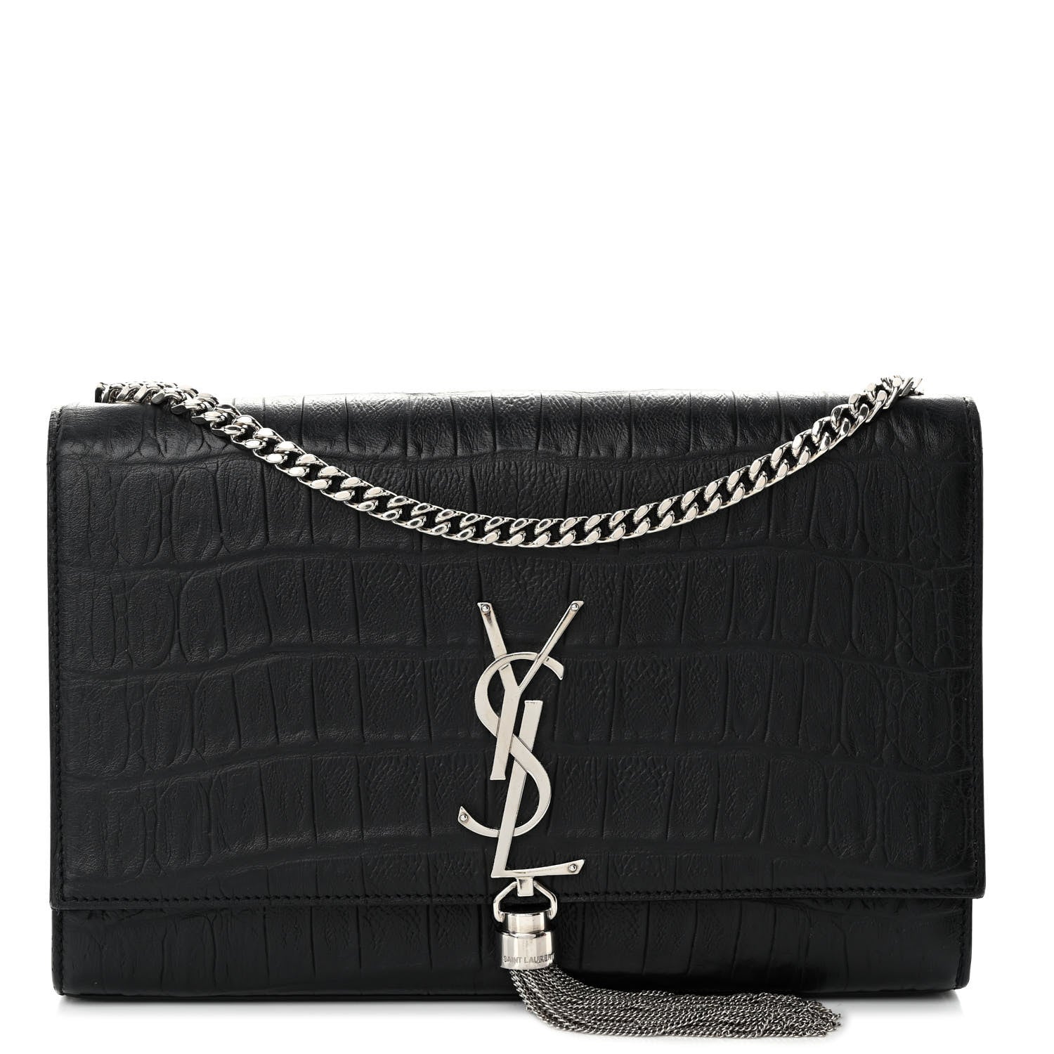 Saint Laurent Calfskin Crocodile Embossed Medium Classic Monogram Kate Tassel Satchel Black 1 of 11