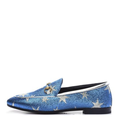 Gucci Lurex Calfskin Starry Sky Womens Jordaan Loafers 38.5 Bluette Silver 1 of 11
